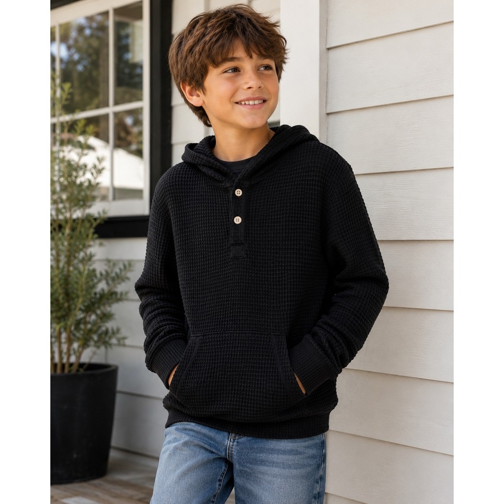 Abercrombie Kids Hoodie Relaxed Fit Henley Waffle Knit Black Size 9/10 Casual